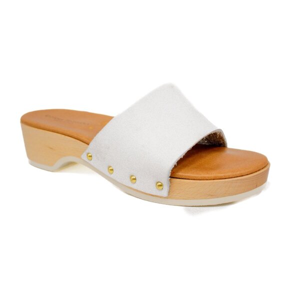 Donna Toscana Sandals White Leather Studded Wooden Mules Platform Clogs Size 8.5 - Picture 1 of 10